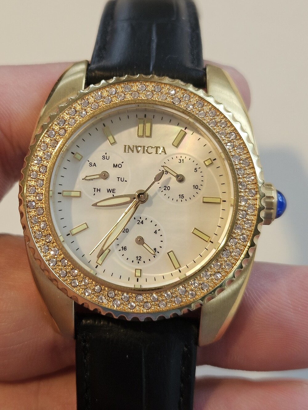 Invicta Angel Lady 28489 Bezel Mother-of-Pearl Dial Watch Black Leather Strap